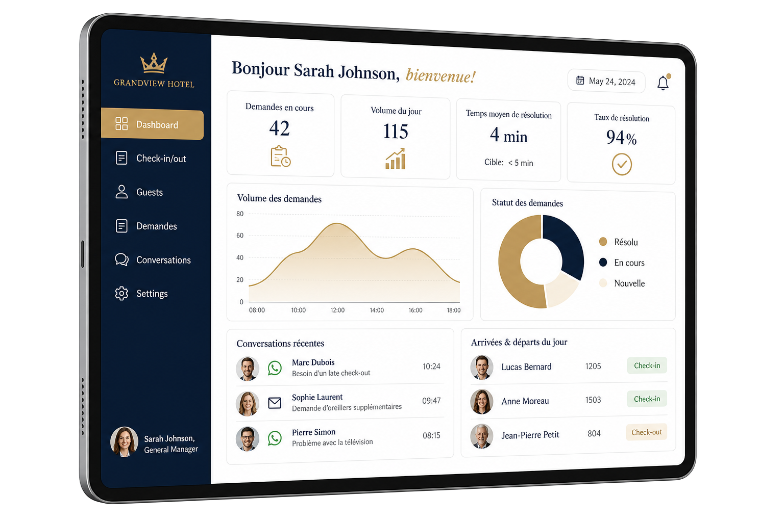 Back-office Dooria sur tablette : KPIs, check-in/check-out et notifications temps réel